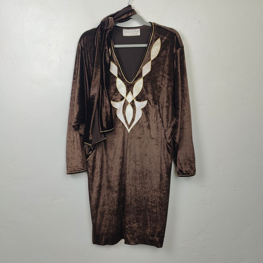 Vintage 70s Oscar de la Renta Womens Dress Large Brown Velvet Embroidered Caftan - Picture 2 of 7